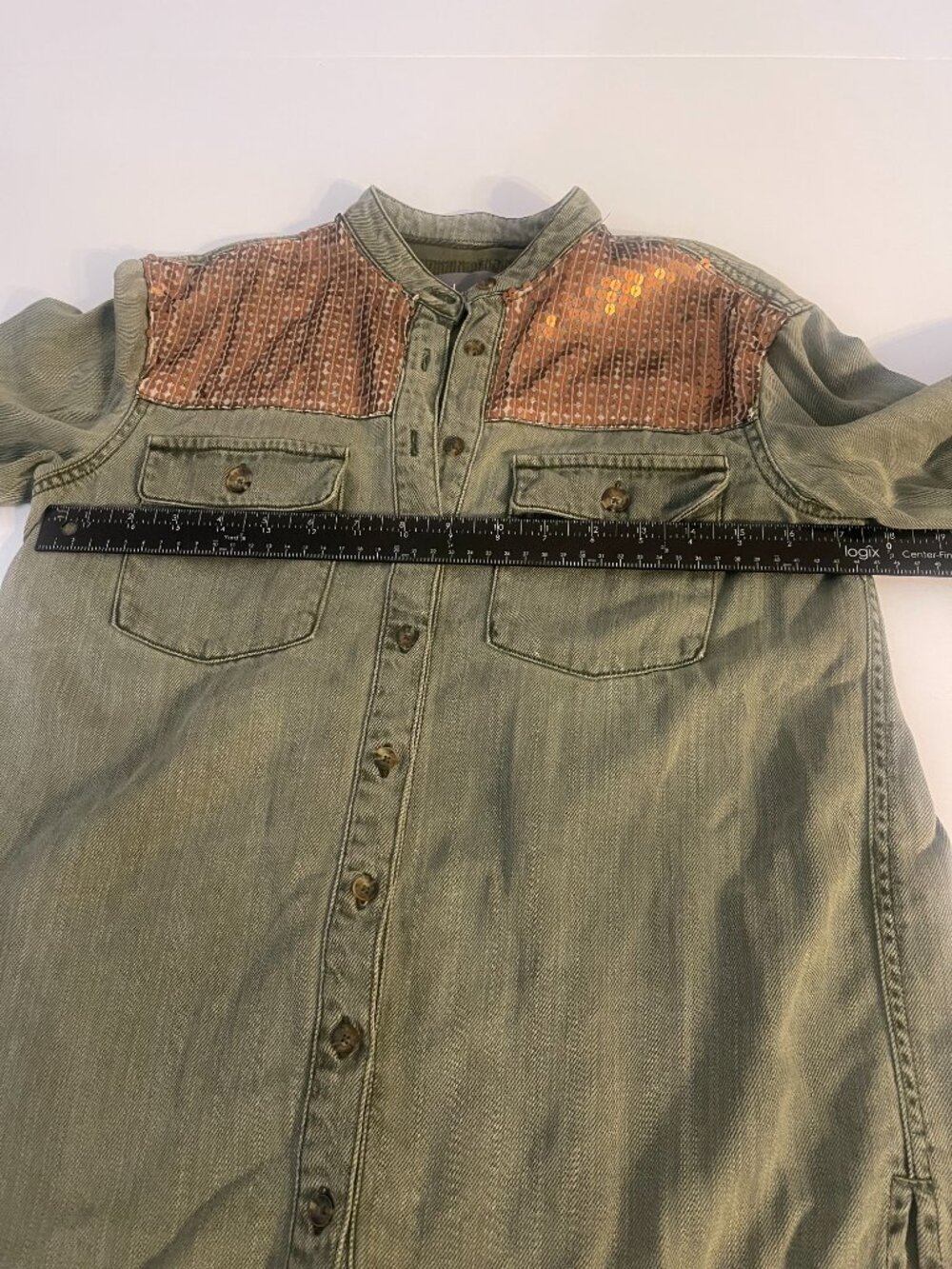 Anthropologie Sequin Yoke Utility Denim Shirt Size 0 - Picture 2 of 7